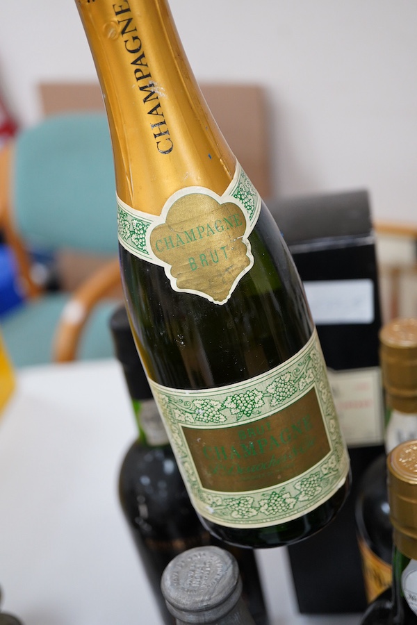 Seven assorted ports including Morgan’s 1985 and three half bottle Fortnum & Mason, together with two Madeira wines and a half bottle of Champagne.